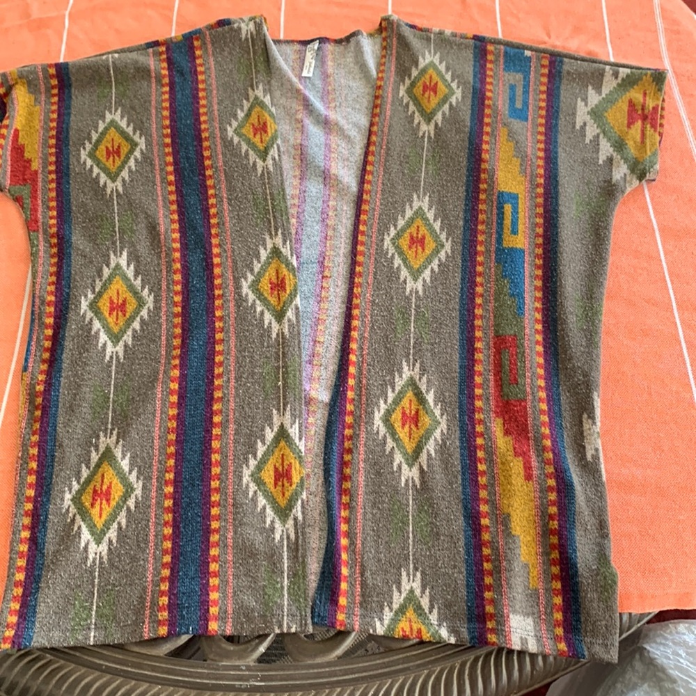 Aztec light sweater jacket, size small, gold brown red, some pilling front